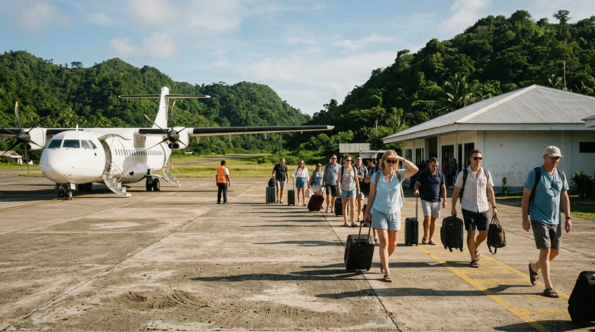 Passengers walking off a turboprop at Caticlan airport, the first leg of a Boracay tours package transfer, Aklan, Philippines
