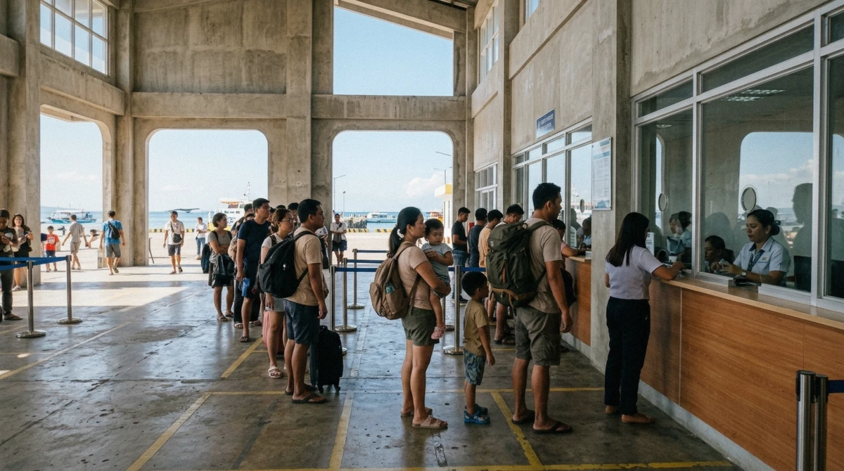 Travellers at the fee payment windows inside Caticlan Jetty Port before boarding for a Boracay tours package transfer, Philippines