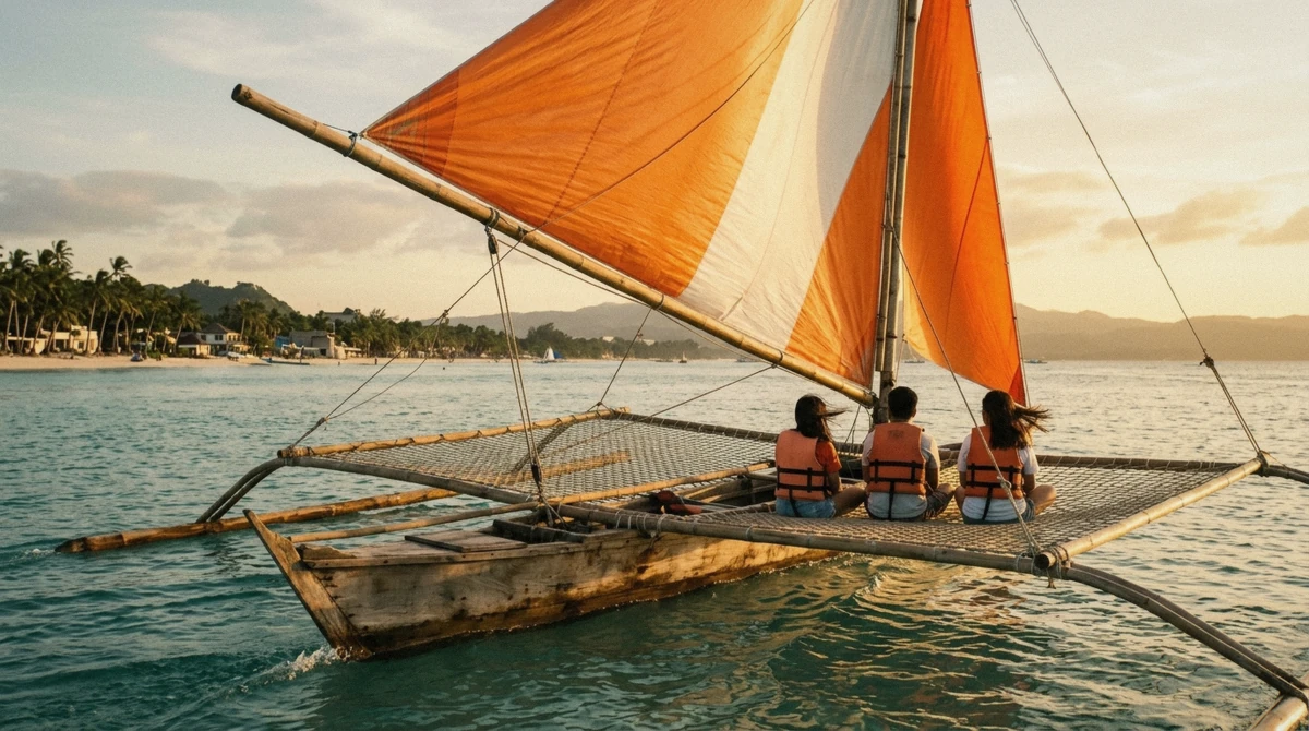 Traditional double outrigger paraw sailboat with an orange sail off White Beach, the classic sunset add-on to a Boracay tours package, Philippines