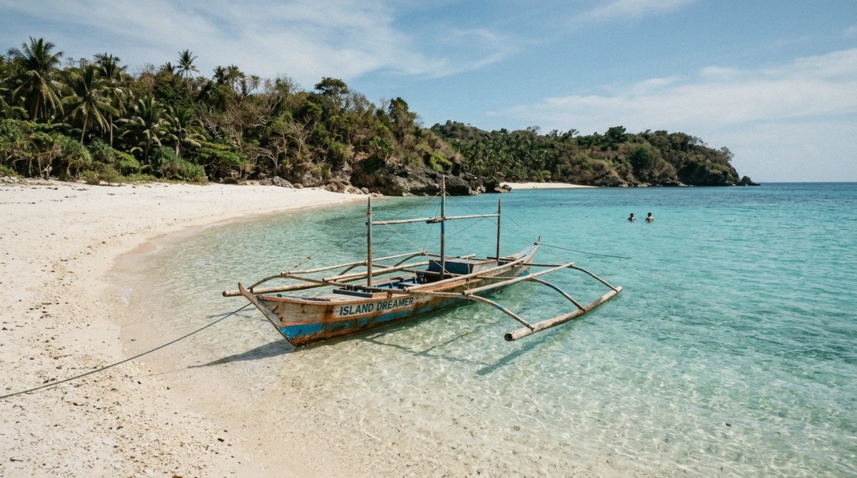 Outrigger boat anchored off Puka Shell Beach, the first stop on most Boracay island hopping tours package itineraries, Philippines