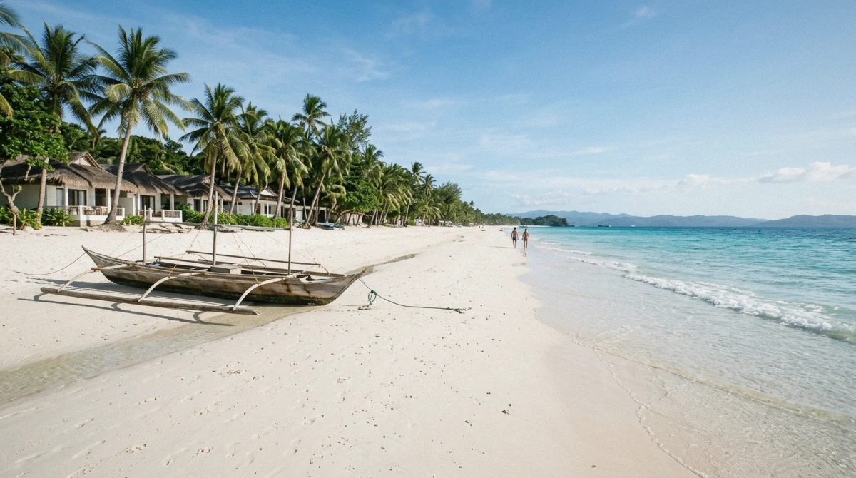 Wide white sand and low resort frontages at Station 1 on a bright morning, the priciest base for a Boracay tours package, Philippines