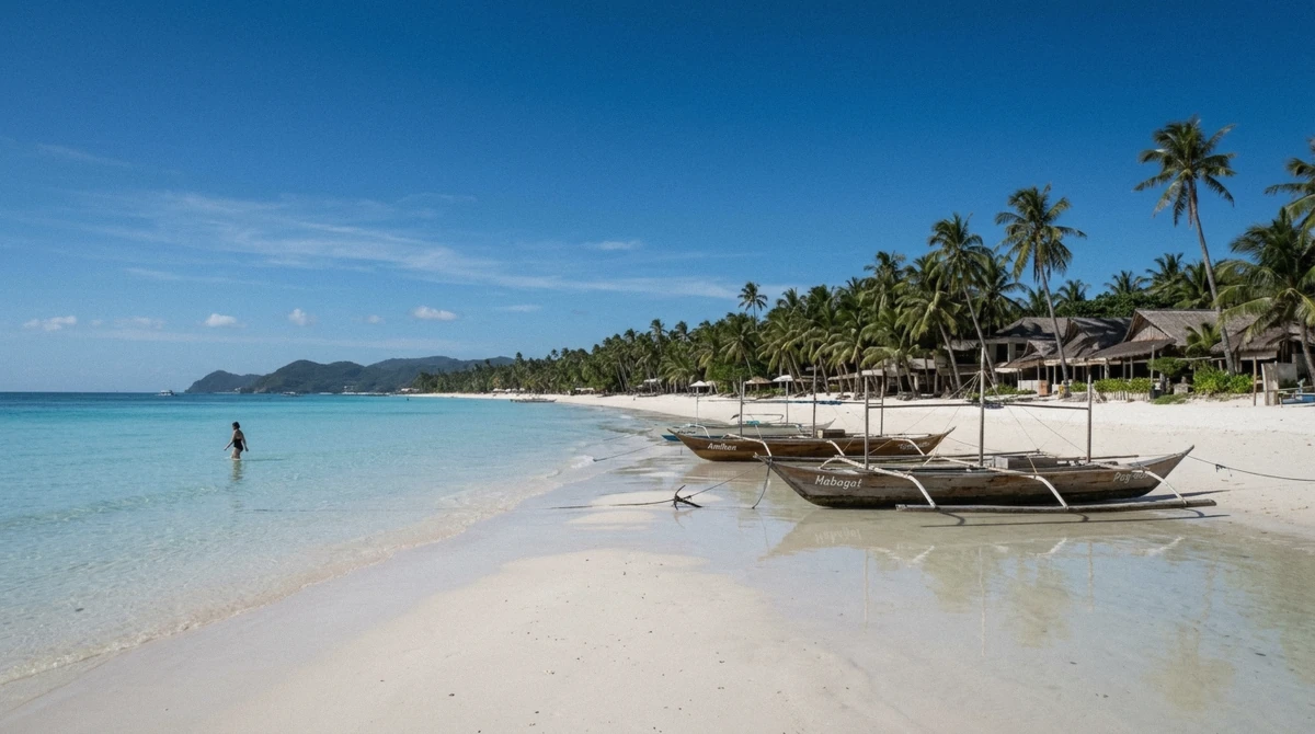 Flat calm water and outrigger boats off White Beach on a clear morning, the conditions Boracay tour packages depend on, Philippines